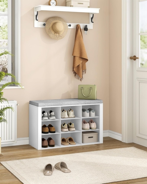 Schuhbank mit Sitzfläche, Schuhschrank mit Sitzbank mit 9 Fächern, Eingangsbank Verstellbaren Ablagen für Wohnzimmer, Schlafzimmer, Flur, Weiß-Grau
