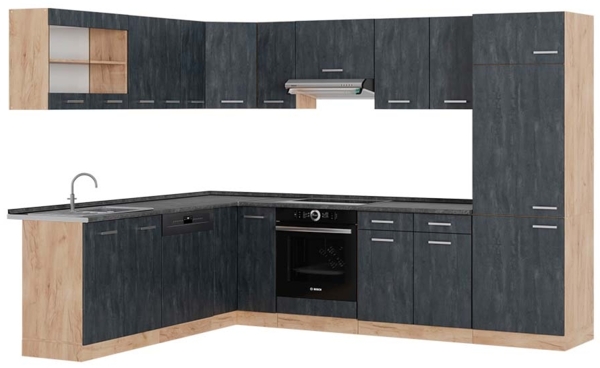 Vicco Einbauküche in L-Form Schwarz Beton/Goldkraft Eiche 227 x 287 cm AP Anthrazit, R-Line