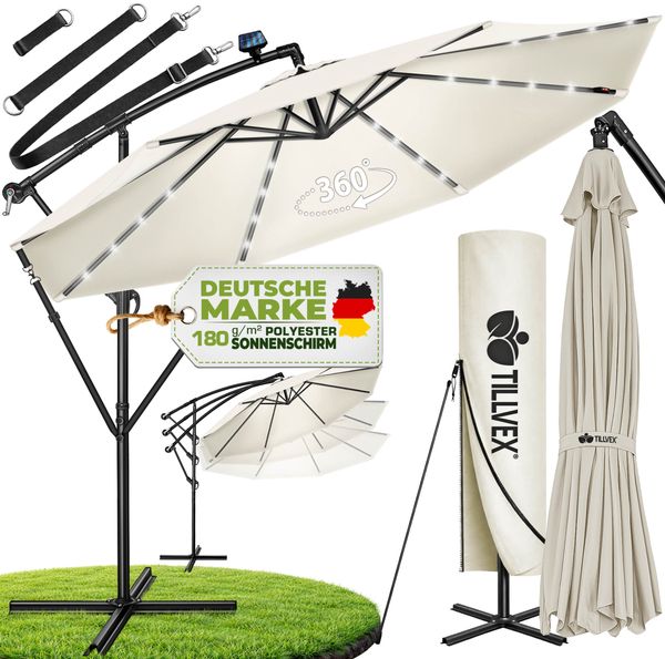 tillvex Alu Ampelschirm Beige LED Solar Ø 300 cm mit Kurbel | Sonnenschirm mit An-/Ausschalter | Gartenschirm UV-Schutz Aluminium | Kurbelschirm mit Ständer Marktschirm wasserdicht