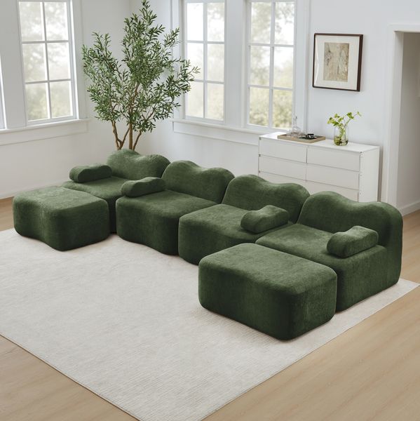 Modulares Ecksofa 70cm×384cm×167cm in U-Form mit 2 Hockern – rahmenloses Wohnzimmer-Sofa aus Samt in Grün