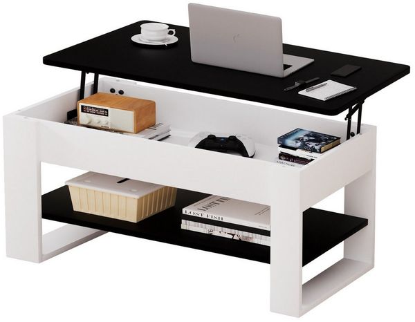 Yorbay Couchtisch Höhenverstellbarer Wohnzimmertisch mit Stauraum,Sofatisch, Beistelltisch Schwarz/Weiß, Kaffeetisch für Wohnzimmer