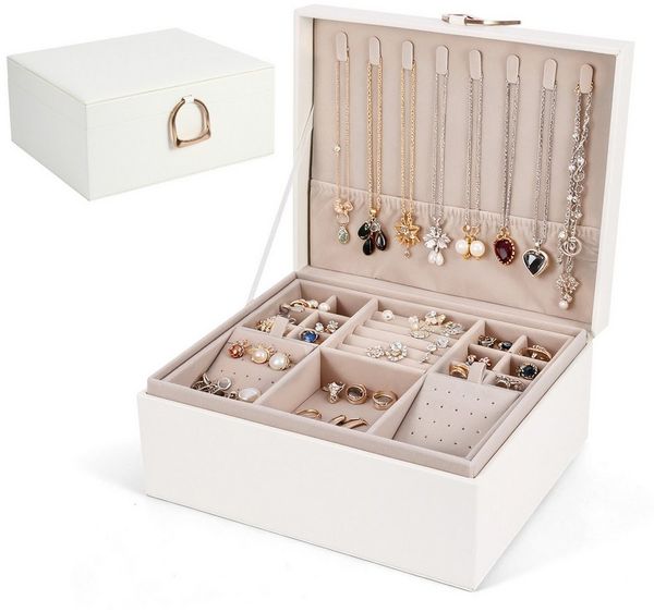 BlingBin Schmuckkasten Schmuckbox 2 Ebenen mit Schloss und flexiblem Tablett, weiß/gold (1er Set, 1 St, mit herausnehmbarem Schmucktablett, 24 × 20,5 × 11 cm), Schmuckkasten für Ringe, Ketten und Ohrringe, PU-Leder, Rechteckig