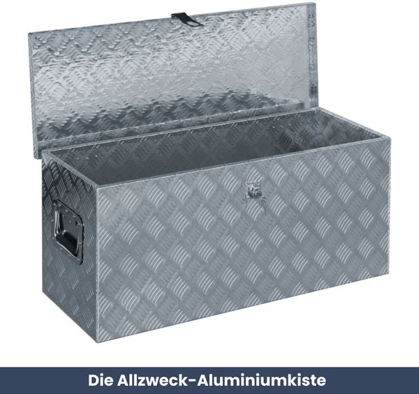 Aluminiumbox mit Deckel - Abschließbar | Alubox Deichselbox Alu Anhängerbox Werkzeugkiste Metall Transportbox Metallkiste, 90,5x35x40cm Silber Bild 2