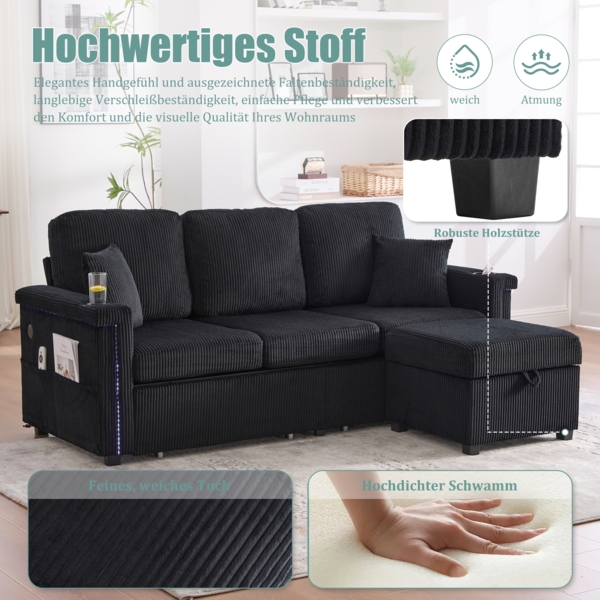 LVHOM Modulares Ecksofa mit LED und USB, 3-Sitzer Sofa mit Sitzhocker und Schubladen, Polstersofa Cordstoff Bild 10