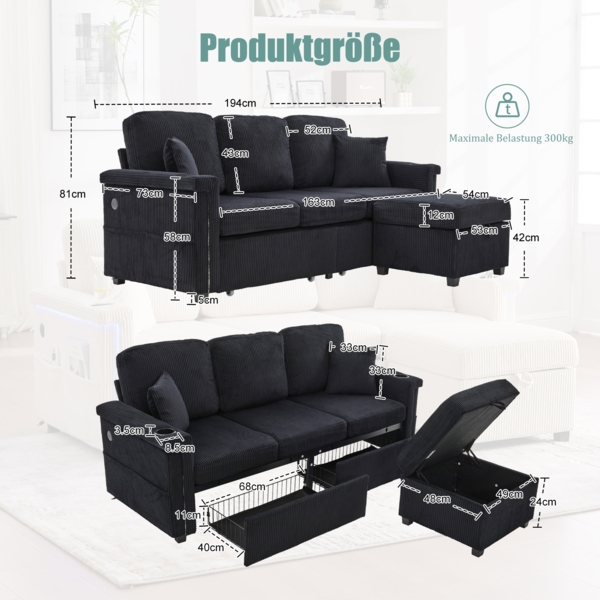 LVHOM Modulares Ecksofa mit LED und USB, 3-Sitzer Sofa mit Sitzhocker und Schubladen, Polstersofa Cordstoff Bild 2
