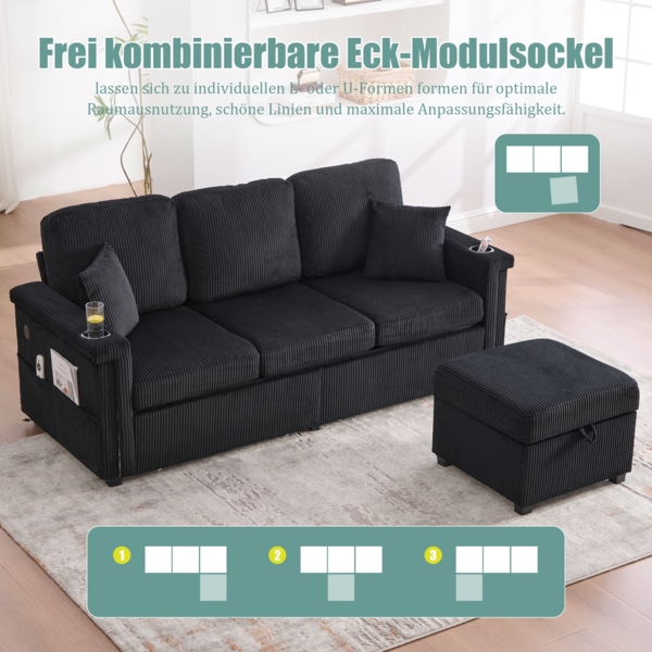 LVHOM Modulares Ecksofa mit LED und USB, 3-Sitzer Sofa mit Sitzhocker und Schubladen, Polstersofa Cordstoff Bild 8