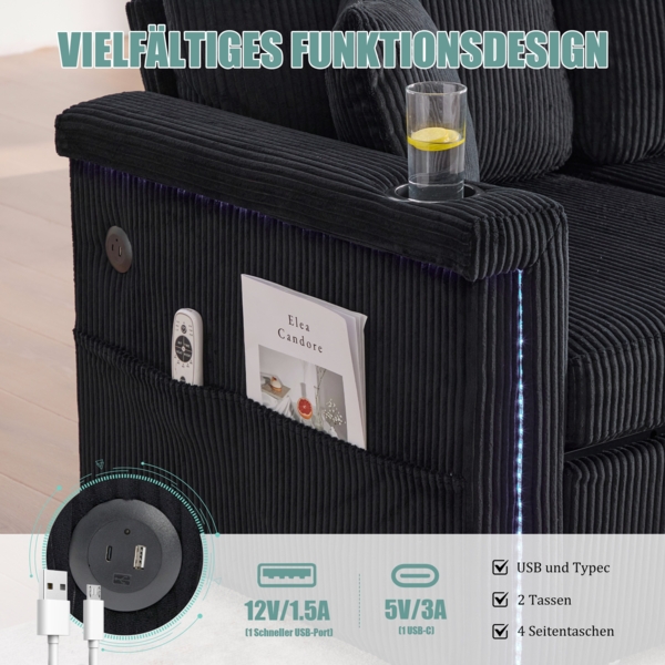 LVHOM Modulares Ecksofa mit LED und USB, 3-Sitzer Sofa mit Sitzhocker und Schubladen, Polstersofa Cordstoff Bild 5