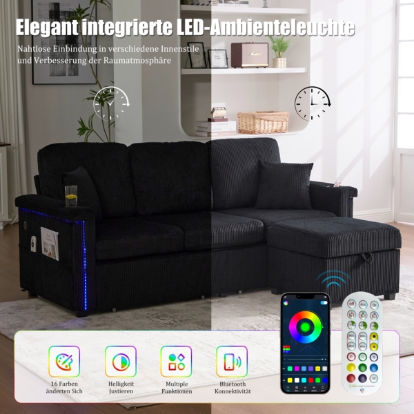 LVHOM Modulares Ecksofa mit LED und USB, 3-Sitzer Sofa mit Sitzhocker und Schubladen, Polstersofa Cordstoff Bild 3