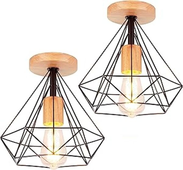 iDEGU 2er-Set Pendelleuchten im Industrial-Stil — Konstruktion aus Holz , Metall, Kafig-Design, Vintage-Hängeleuchten mit schwarzen Schirmen, E27-Fassungen — Geeignet fur Wohnzimmer, Flure, Essbereiche u. v. m. (Rautenform, 25 cm)