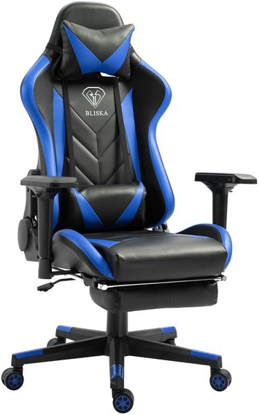 Gaming Stuhl mit Fußstütze und ergonomsichen 4D-Armlehnen gaming chair in ergonomischer Sportsitz Optik Gamer Stuhl mit verstellbaren Rückenstützkissen Bürostuhl Schwarz/Blau