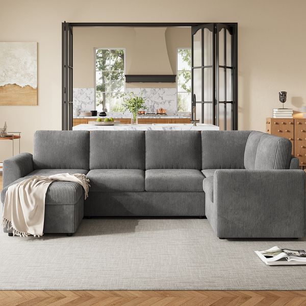 Ecksofa aus Cord 282x153x85 cm mit Stauraumhocker & Schlaffunktion, grau