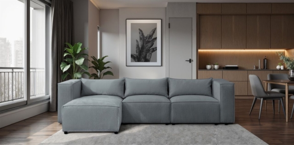 Ecksofa Designersofa NEVIO in Stoff Lincoln Graublau Ottomane Links