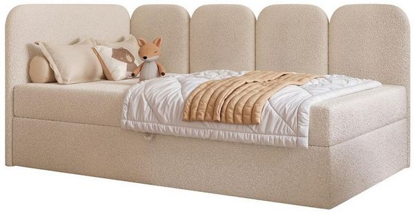 Compleo Boxspringbett Jugendbett DREAMY, Polsterbett mit Bettkasten, 80/90/100/120x200, Kopfteil links oder rechts, Boucle oder Velvet