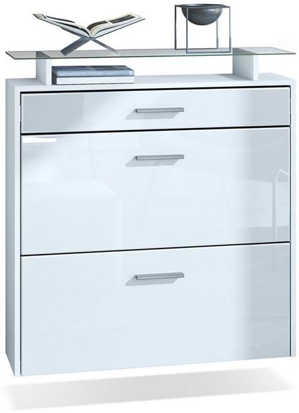 Vladon Schuhschrank Malea, hängender Schuhkipper für 16 Paar Schuhe mit 2 Klappen und 1 Schublade und Glasablage, Weiß matt/Weiß Hochglanz (89 x 96 x 23 cm)