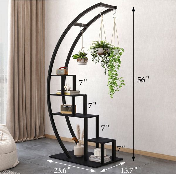 GarveeMore Blumenständer mit 4 haken,5-stufiges hohes Pflanzenständer,142 cm, 2-teiliges Set halbmondförmiges Pflanzenregal für Wohnzimmer