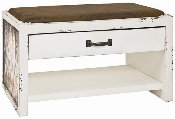 Bank Sitzbank Vintageoptik weiß gewischt Sitzfläche gepolstert Kunstleder vintage braun