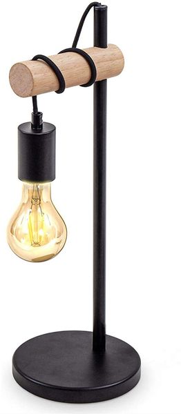 Tischlampe, 1 flammige Vintage Tischleuchte, Retro Lampe, Nachttischlampe aus Stahl und Holz, Holz, Rund, E27 Fassung, Ohne Leuchtmittel