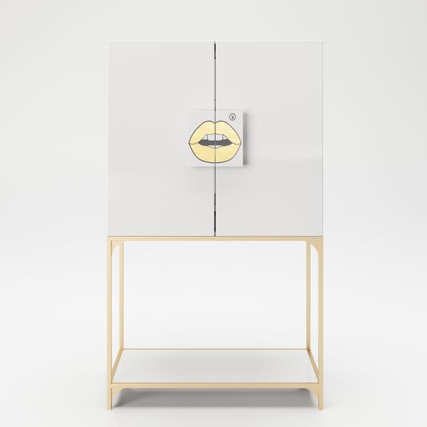 PLAYBOY - Bar BRANDI" mit viel Stauraum, Spiegel-Rückwand, LED Beleuchtung, in Gold mit Weiss"