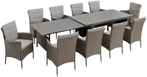 KONIFERA Garten-Essgruppe Mailand, (Set, 31-tlg, 10x Sessel, 1x AZ-Tisch 179-302 cm, inkl. Auflagen), Polyrattan, Stahl, Braun