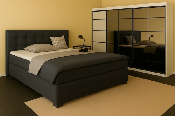 Boxspringbett TOM-OM 140x200 cm mit gepolstertem Kopfteil. Farbe: Grau