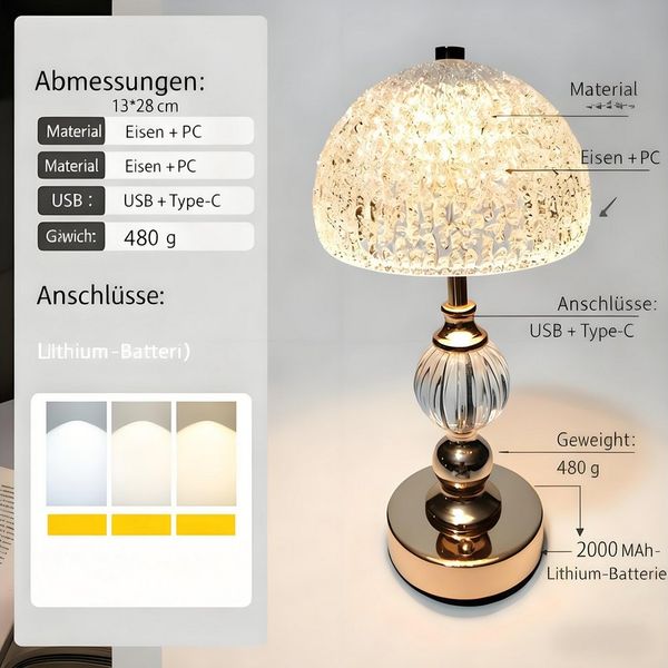 Luckice LED Nachttischlampe Moderne LED Tischlampe–Nachtlicht Nachttischlampe kabellos, 2000-mAh-Batterie, dreifarbige Lichtänderung, stufenlose Dimmung, stilvolle Tischleuchte mit einstellbarer Helligkeit & Warmweiß für Schreibtisch, Schlafzimmer, Woh...