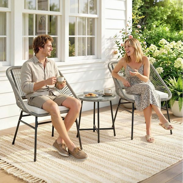 Outsunny Sitzgruppe für 2 Personen, 3-teilig, wetterfest, (Polyrattan Gartenmöbel Set, 3-tlg, Outdoor Lounge Balkonmöbel), für Garten, Terrasse Balkon, Dunkelgrau