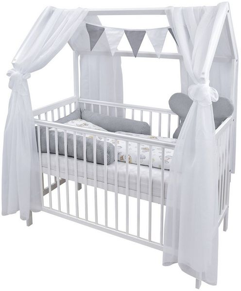 Baby-Delux Komplettbett Hausbett Babybett Komplettset Waffelpique, 12-tlg, Kinderbett 60x120 cm weiß, Bettset verschiedene Designs