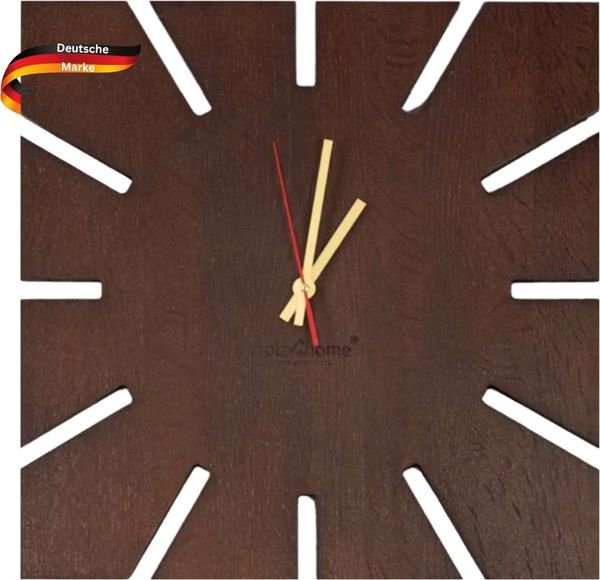 Wanduhr groß Holz SUN [HANDGEFERTIGT] - 29x29cm, Eiche Massiv, Geräuschlos | Wohnzimmeruhr Holz-Metalloptik Küchenuhr Dekouhr