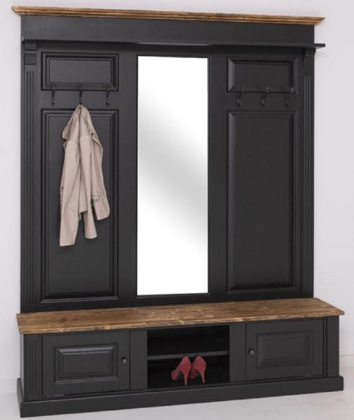 Casa Padrino Landhausstil Garderobe Schwarz / Braun 180 x 41 x H. 210 cm - Massivholz Garderobenschrank mit Spiegel - Landhausstil Garderobenmöbel