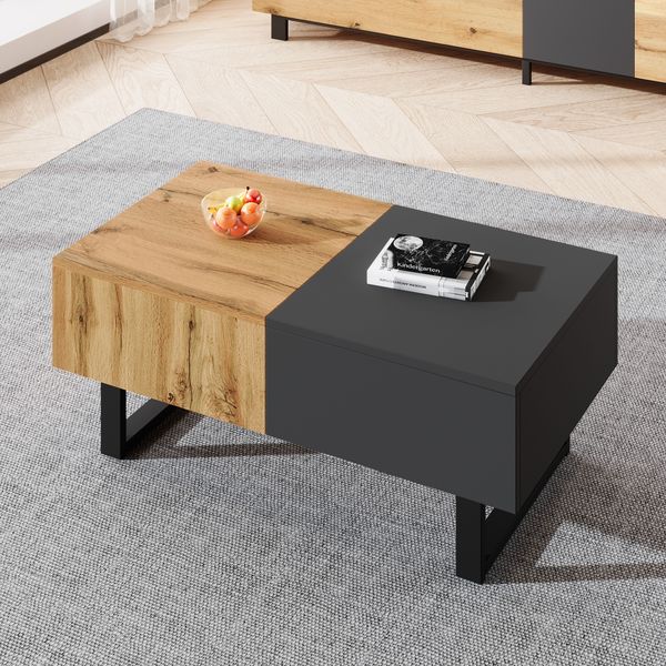 Couchtisch 155x40x55 cm, verschiebbar, Spanplatte mit Metalllständern, Holz und Anthrazit
