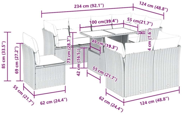 vidaXL 9-tlg. Garten-Sofagarnitur mit Kissen Hellgrau Poly Rattan 3326183 Bild 10