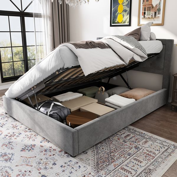 Merax Doppelbett, Polsterbett 140x200 Stauraumbett, aus Samt mit Seitlich Geöffnetes Lattenrost Grau