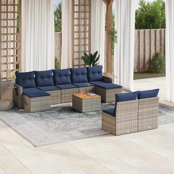 vidaXL 10-teiliges Gartensofa-Set mit Kissen, grau, Polyrattan 3224766