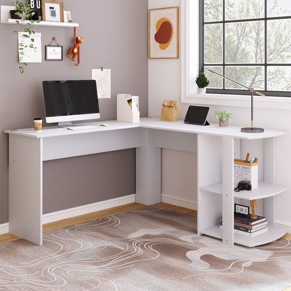 BlingBin Eckschreibtisch Schreibtisch Arbeitstisch Computertisch (1-St, L-förm Eckschreibtisch mit 2 Ablagen), H75/B140/L140 CM Weiß