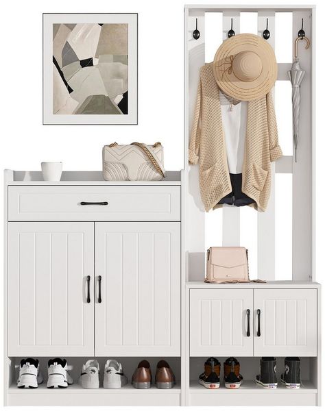 MODFU Garderoben-Set 3-in-1 Lösung, (Wandhängeschrank, Flurtrockenständer, Kleiderschrank, 1-St, 140*32*180cm), Kombination: Bank + Garderobenpaneel + Schuhschrank