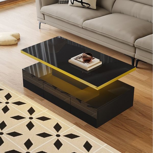 REDOM Couchtisch Eleganter High-Gloss-Couchtisch mit goldener Versiegelung (Stauraum, 113 cm), mit Schubladen und Ablage