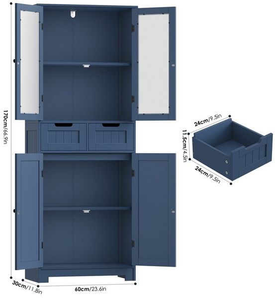 HOMECHO Hochschrank Badschrank mit 4 Türen 2 Schubladen für Küche, Bad, Weiß