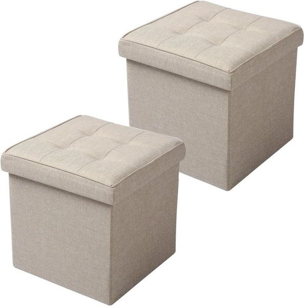 WOLTU 2er Set Sitzhocker mit Stauraum Sitzwürfel Sitzbank Faltbar Truhen Aufbewahrungsbox, Deckel Abnehmbar, Gepolsterte Sitzfläche aus Leinen, 37,5 x 37,5 x 38CM(LxBxH), Beige
