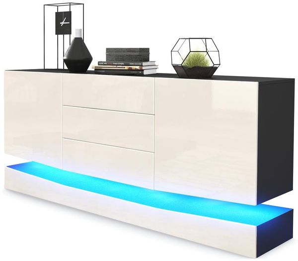 Vladon Sideboard City, Schwarz matt/Creme Hochglanz inkl. LED - Moderne Kommode für Ihr Wohnbereich (178 x 72 x 38 cm)