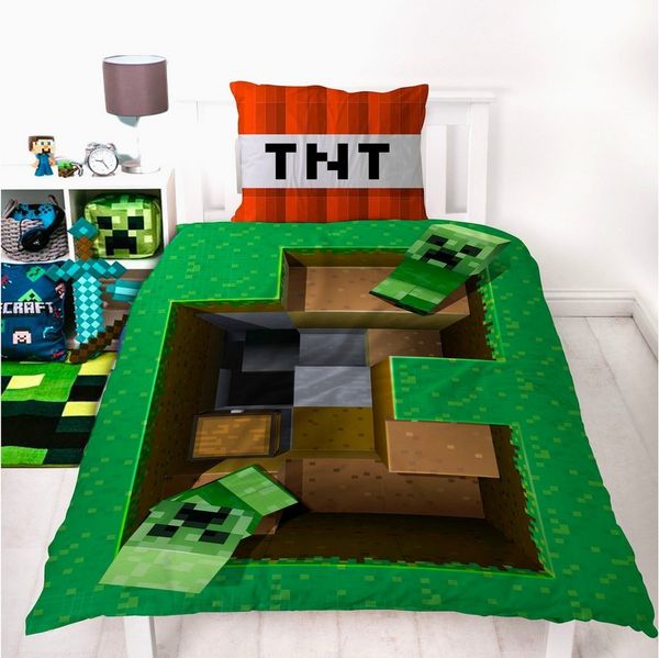 Minecraft Bettwäsche Set für Jungen Kinderbettwäsche 135x200 80x80 cm 3D Motiv Base mit Reißverschluss