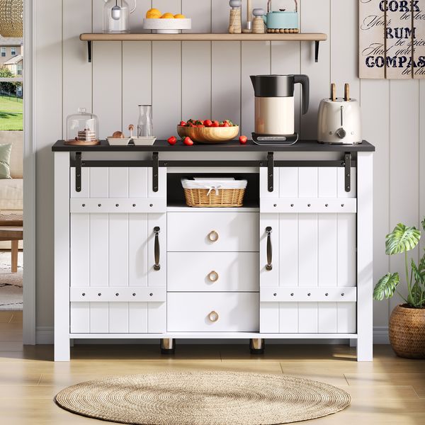 Sideboard 120x40x80 cm, weiß, 2 Schiebetüren & 3 Schubladen, MDF – Landhausstil