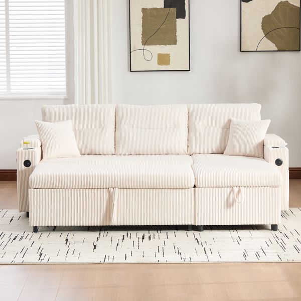 3-Sitzer Schlafsofa, Cord mit Chaiselongue & Stauraum, USB-Anschluss, 212,5x136x86 cm, Beige