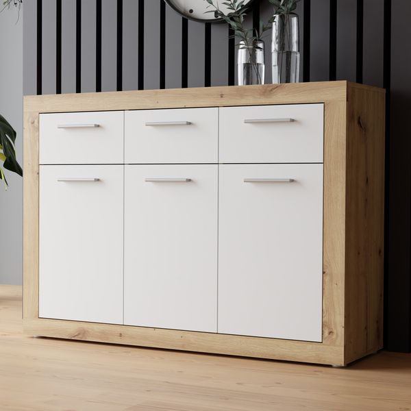Forte BACCIO Kommode 110 120, moderne Kommode für Wohn-/Schlafzimmer, 3-türig, 3 Schubladen, Holzwerkstoff, Artisan Eiche Holzdekor|Weiß, 117,9 cm breit x 91,5 cm hoch x 34 cm tief