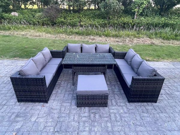 Fimous Outdoor Polyrattan Gartenmöbel Sofa Set Terrassen Rechteckiger Esstisch mit Großer Fußhocker 10 Sitzer Dunkelgrau gemischt