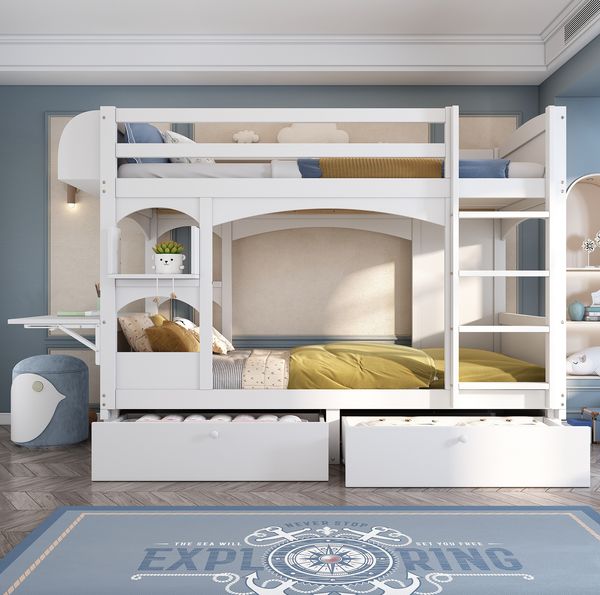 Etagenbett 90x200 cm mit klappbarem Schreibtisch und 2 Schubladen – Kinderbett aus Massivholz in Weiß