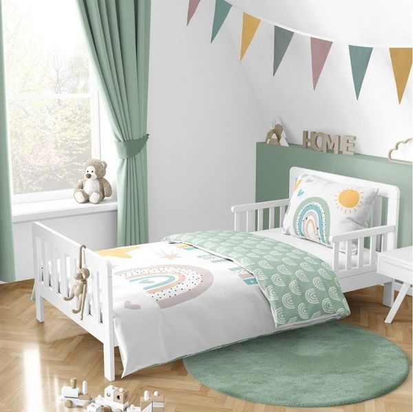 MTOnlinehandel Babybettwäsche Regenbogen Sonne Sterne & Herz 100x135 + 40x60 cm, 100 % Baumwolle, Renforcé, 2 teilig, Kleinkinderbettwäsche mit Reißverschluss
