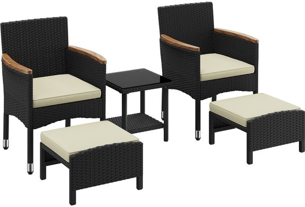 Yaheetech Gartenlounge-Set mit Sessel, Fußhocker & Kaffeetisch, Rattan-Optik, Schwarz & Beige