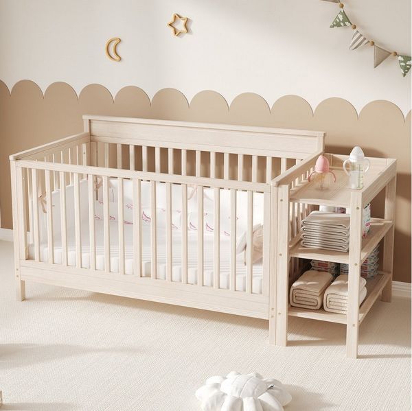 REDOM Babybett Multifunktionales Kinderbett aus holz, bemalbare Tafeln, 1-tlg, 3-in-1 mit Regal, Schutzzaun abnehmbar, 140 x 70 x 90 cm, Natur