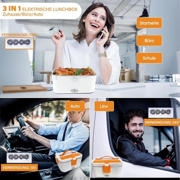 MOPUEA Elektrische Lunchbox 3 in 1 Elektrische Lunchbox Brotdose schnelles Erhitzen von Speisen, (1,8 L Großes Fassungsvermögen, mit Löffel und Gabeln, Tragetasche und Reinigungstuch), aus Edelstahl für Zuhause Auto, Design mit zwei Fächern
