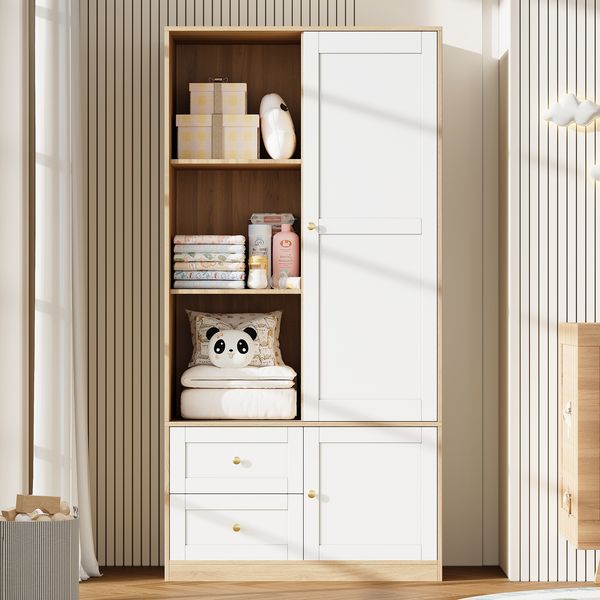Merax Schiebetür-Kleiderschrank, Schiebetürenschrank, Kleiderschrank mit Schiebetüren, Multifunktions-Kleiderschrank, mit Kleiderstange und Schubladen, Weiß & Holzfarbe, 90×50×180 cm